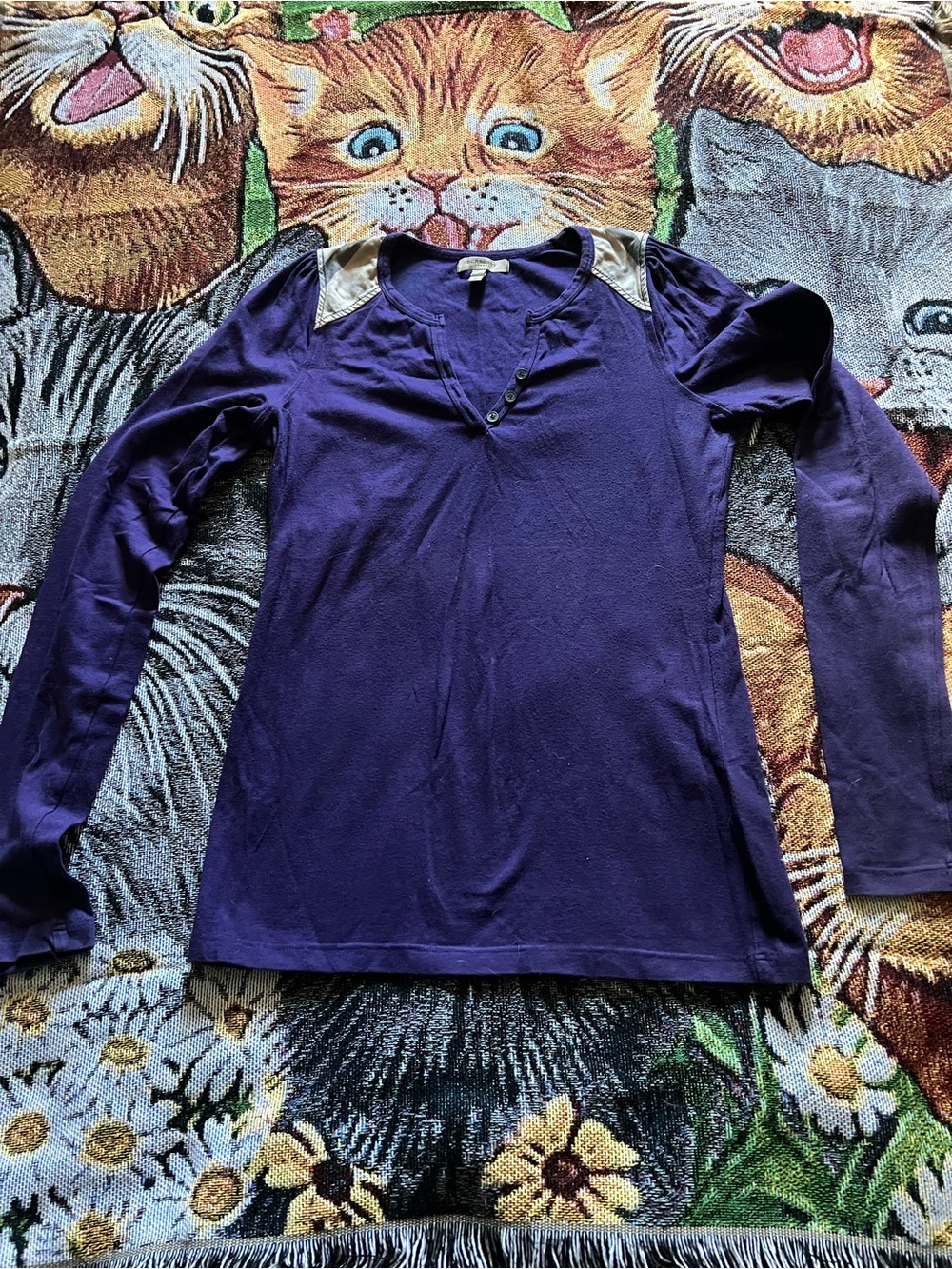 Burberry Purple Long Sleeve Henley with Checkered Shoulder Panels